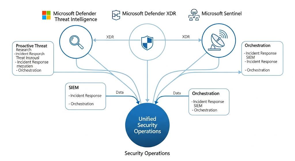 Microsoft Defender Threat Intelligence convergence diagram showing integration with Defender XDR and Sentinel